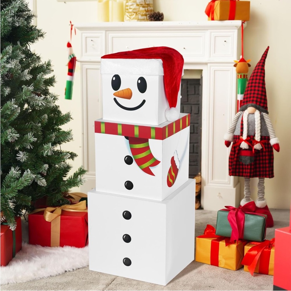3 Snowman Stacking Boxes and a regular Christmas Hat